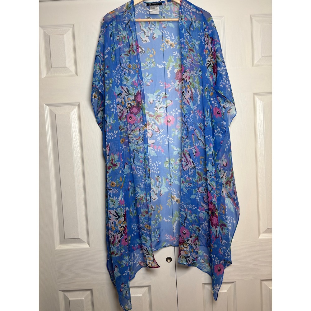 INC International Concepts Blue Floral Sheer Kimono Wrap OS